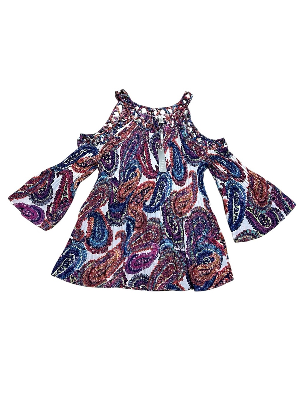 New XL Spense Multicolor Paisley Pleated Blouse Top Flowy + Lattice Trim